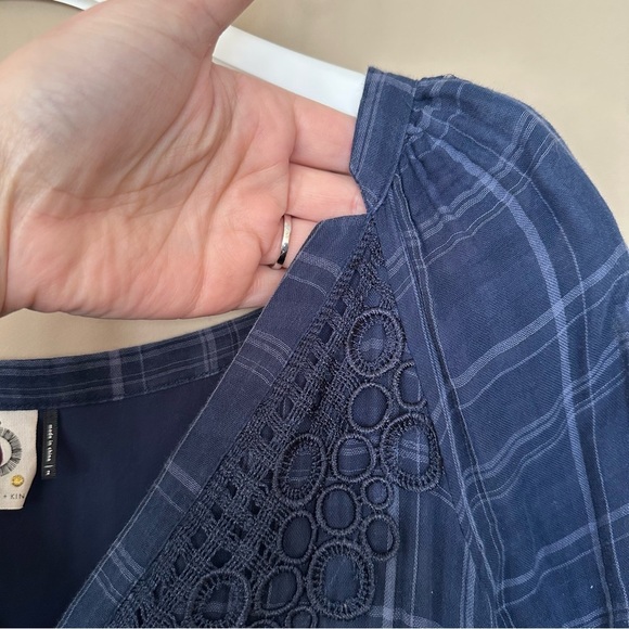 Anthropologie’s Akemi Kin Sz 2 Cottagecore Dress Navy Blue Plaid Codie Lace - Picture 3 of 16